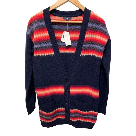 GAP DARK NAVY V-NECK AZTEC BOHO LAMBSWOOL BLEND LS CARDIGAN SWEATER - Picture 13 of 16